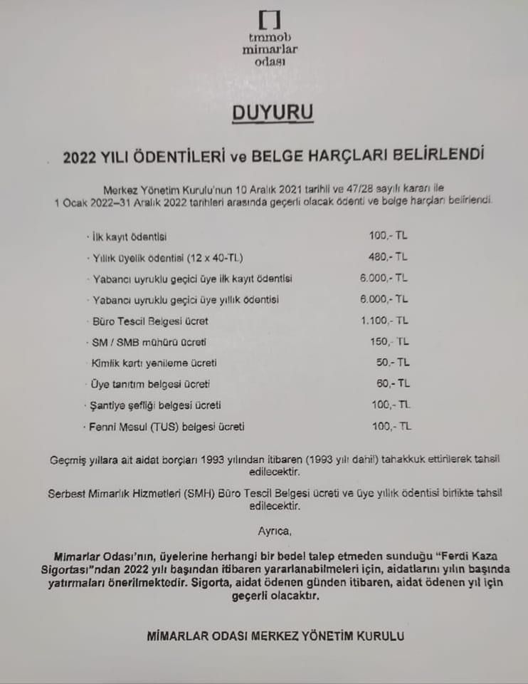 MİMARLAR ODASI 2022 YILI ÖDENTİLERİ VE BELGE HARÇLARI BELİRLENDİ